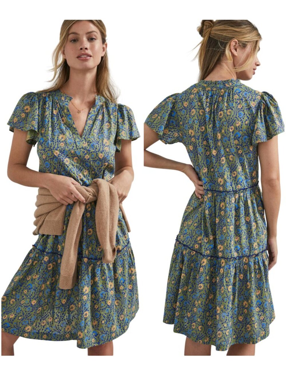 Anthropologie Penrose Tiered Tunic Dress floral green size 1X plus blue XXL